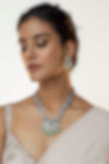 Two Tone Finish Kundan Polki & Green Stone Long Necklace Set by VASTRAA Jewellery at Pernia's Pop Up Shop