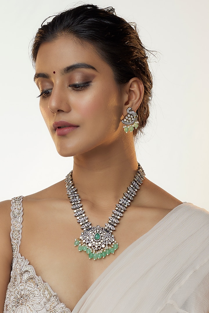 Two Tone Finish Kundan Polki & Green Stone Long Necklace Set by VASTRAA Jewellery at Pernia's Pop Up Shop