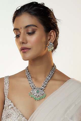 Two Tone Finish Kundan Polki & Green Stone Long Necklace Set by VASTRAA Jewellery