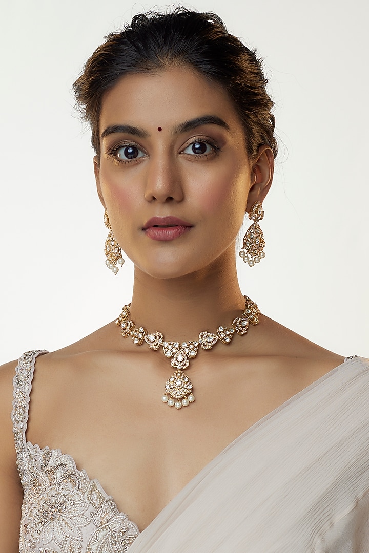 Gold Finish Kundan Polki & Pearl Long Necklace Set by VASTRAA Jewellery at Pernia's Pop Up Shop