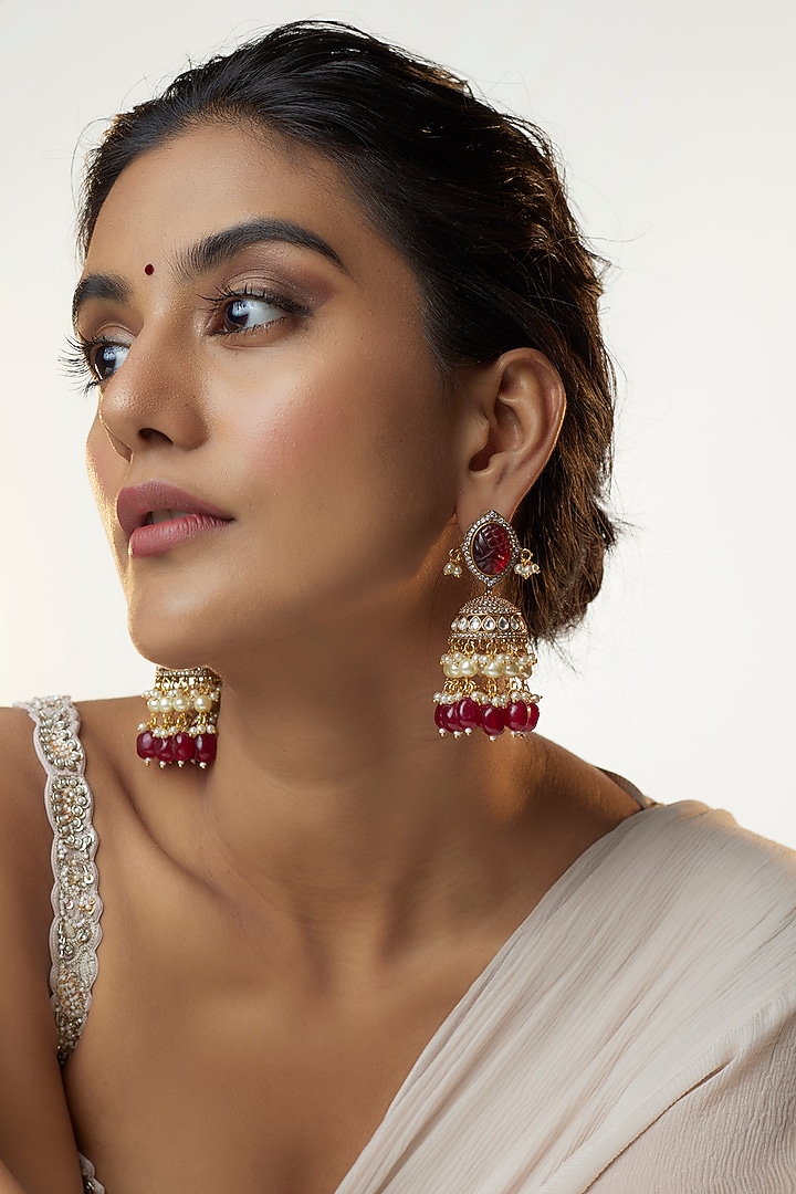 Two Tone Finish Kundan Polki & Red Stone Jhumka Earrings by VASTRAA Jewellery at Pernia's Pop Up Shop