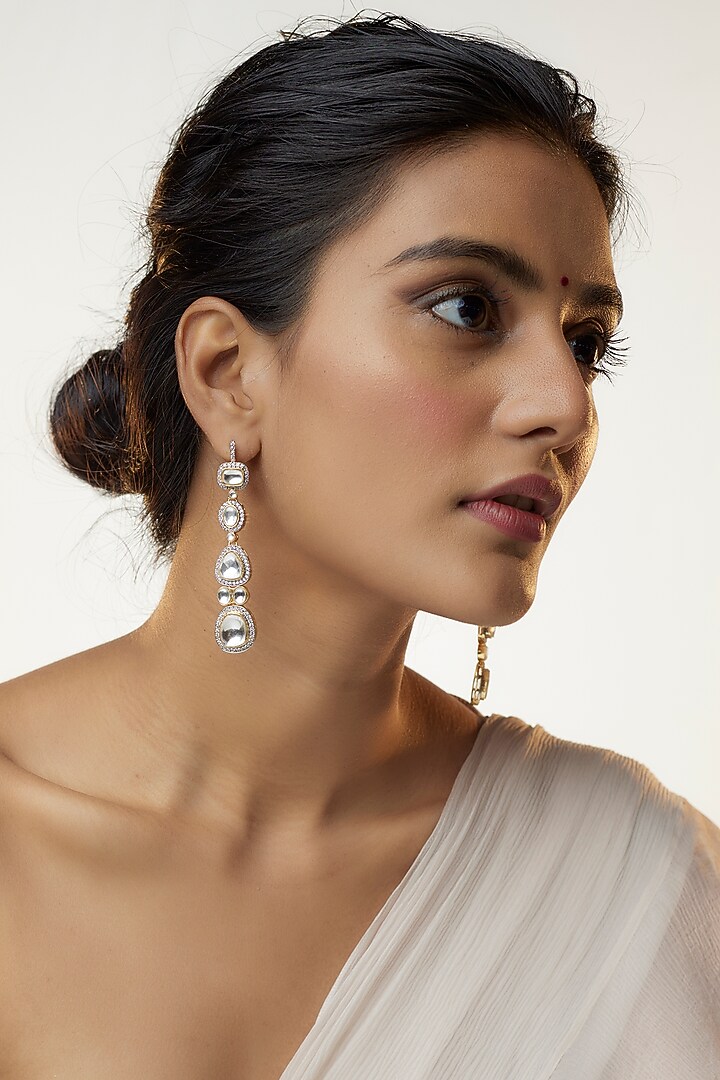 Gold Finish Kundan Polki Dangler Earrings by VASTRAA Jewellery at Pernia's Pop Up Shop