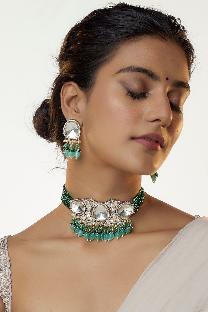 Two Tone Finish Kundan Polki & Green Stone Choker Necklace Set by VASTRAA Jewellery at Pernia's Pop Up Shop