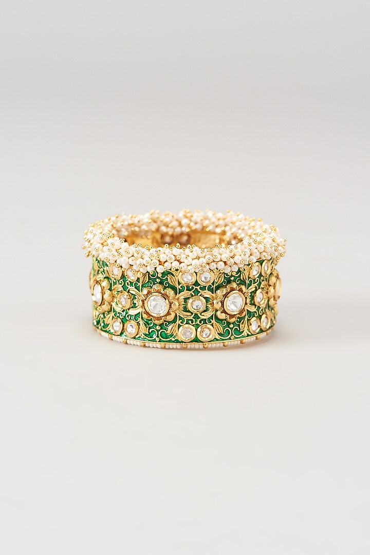 Gold Finish Kundan Polki & Emerald Green Synthetic Stone Bangle by VASTRAA Jewellery at Pernia's Pop Up Shop