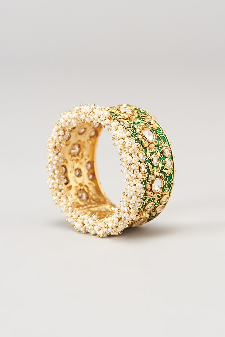 Gold Finish Kundan Polki & Emerald Green Synthetic Stone Bangle by VASTRAA Jewellery at Pernia's Pop Up Shop