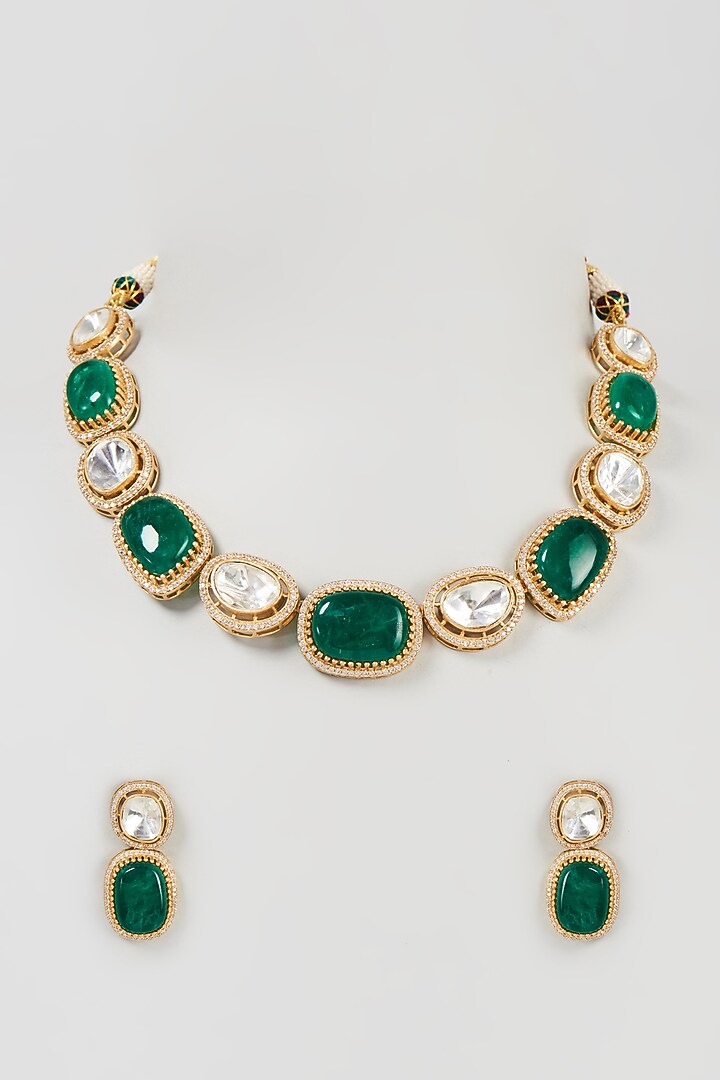 Two-Tone Finish Synthetic Emerald Stone Necklace Set by VASTRAA Jewellery at Pernia's Pop Up Shop