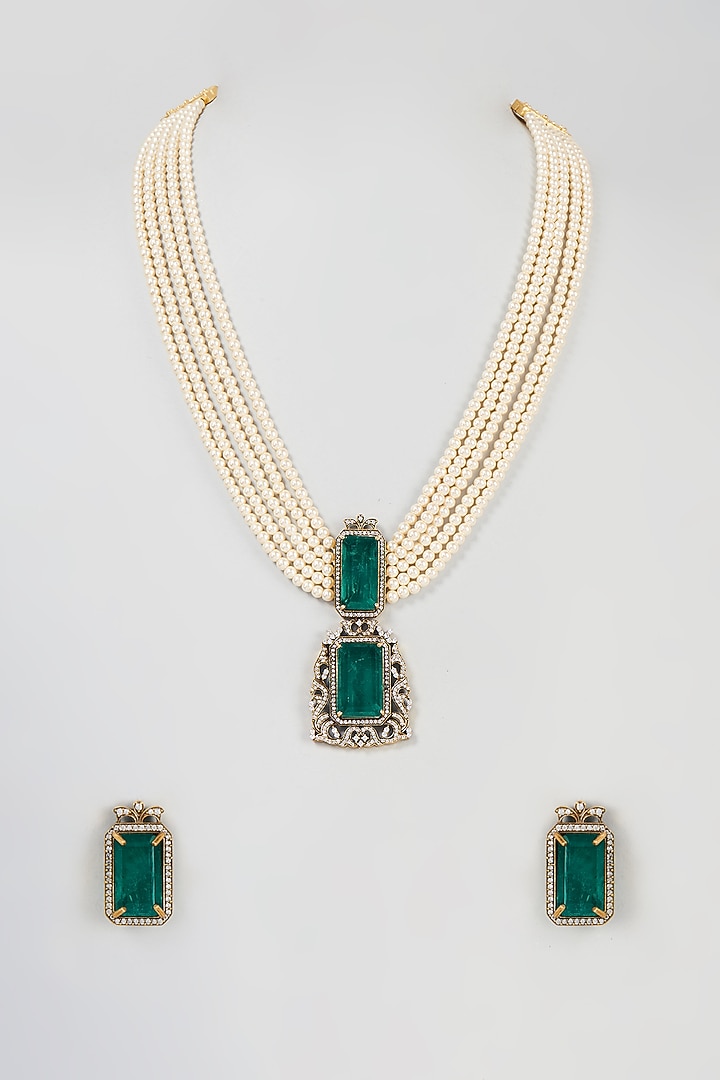 Black Rhodium Finish Kundan Polk & Pearl Long Necklace Set by VASTRAA Jewellery at Pernia's Pop Up Shop