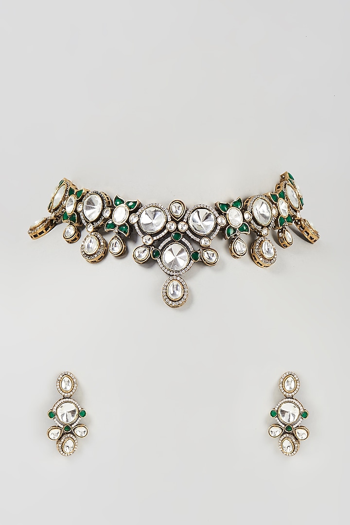 Black Rhodium Finish Kundan Polki Choker Necklace Set by VASTRAA Jewellery at Pernia's Pop Up Shop