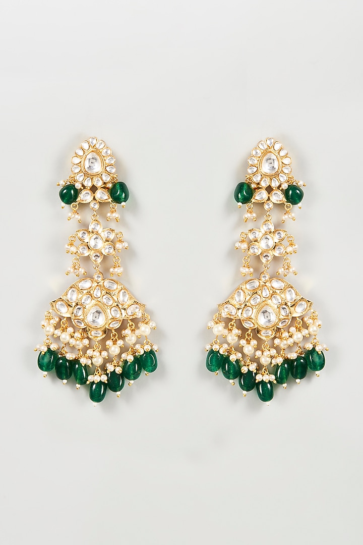 Gold Finish Kundan Polki & Green Beaded Dangler Earrings by VASTRAA Jewellery at Pernia's Pop Up Shop