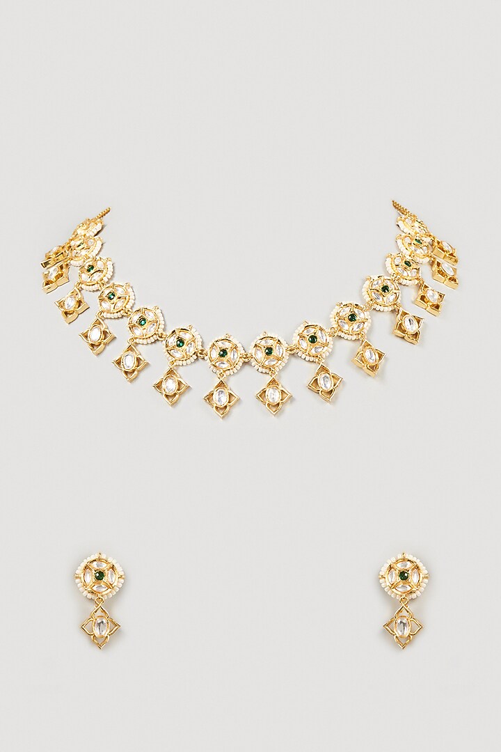 Gold Finish Kundan Polki & Green Stone Choker Necklace Set by VASTRAA Jewellery at Pernia's Pop Up Shop