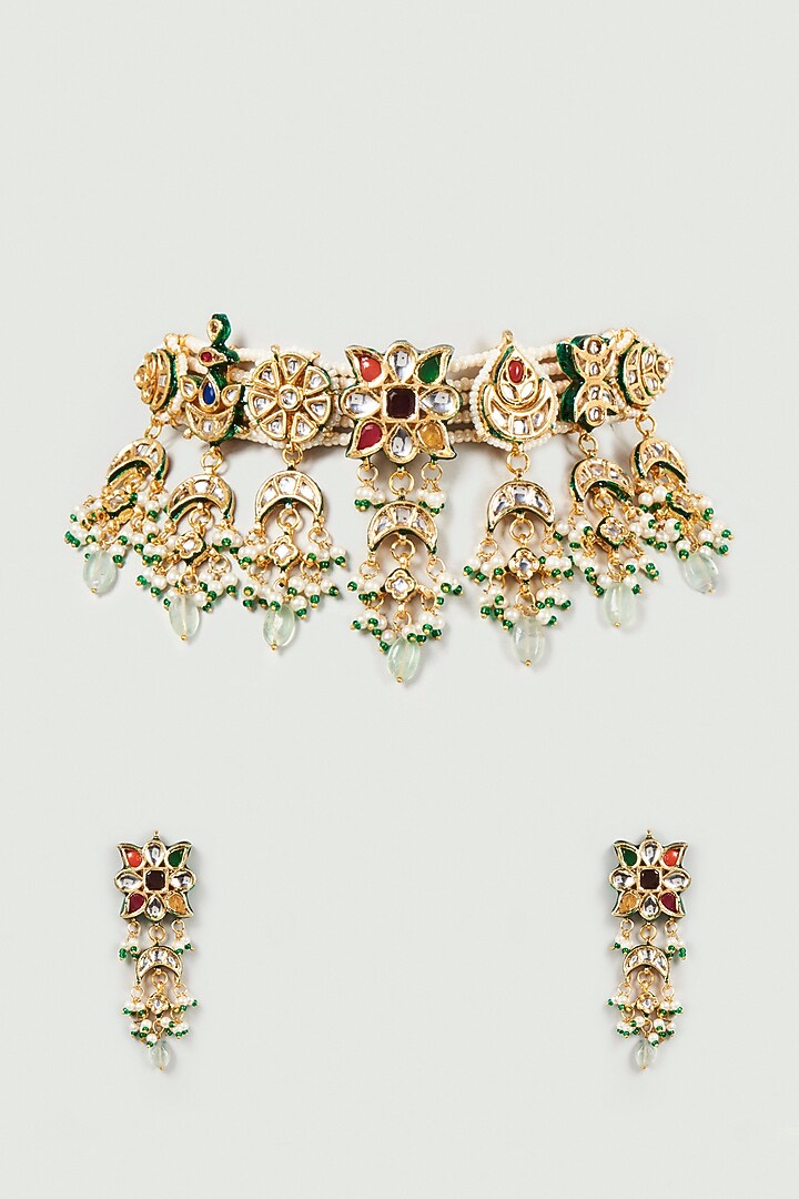 Gold Finish Kundan Polki & Multi-Colored Stone Choker Necklace Set by VASTRAA Jewellery at Pernia's Pop Up Shop