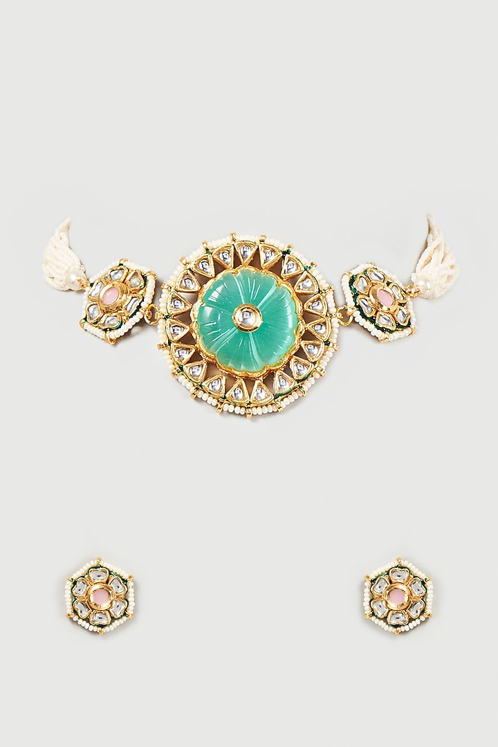 Gold Finish Pearl & Kundan Polki Choker Necklace Set by VASTRAA Jewellery at Pernia's Pop Up Shop