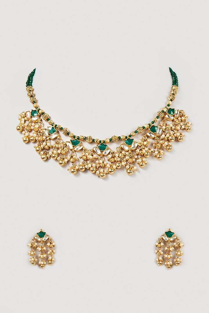 Gold Finish Kundan Polki & Green Beaded Necklace Set by VASTRAA Jewellery at Pernia's Pop Up Shop
