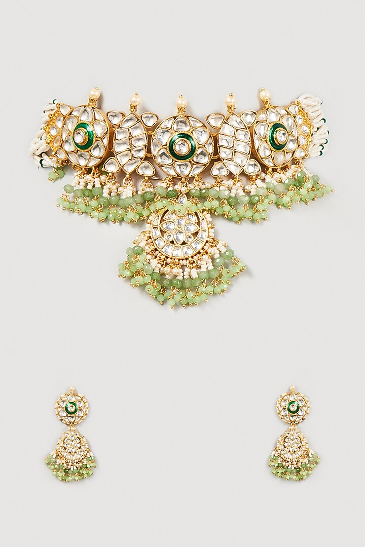 Gold Finish Kundan Polki & Green Beaded Necklace Set by VASTRAA Jewellery at Pernia's Pop Up Shop