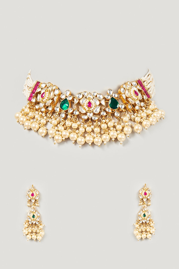 Gold Finish Kundan Polki & Multi-Colored Stone Choker Necklace Set by VASTRAA Jewellery at Pernia's Pop Up Shop