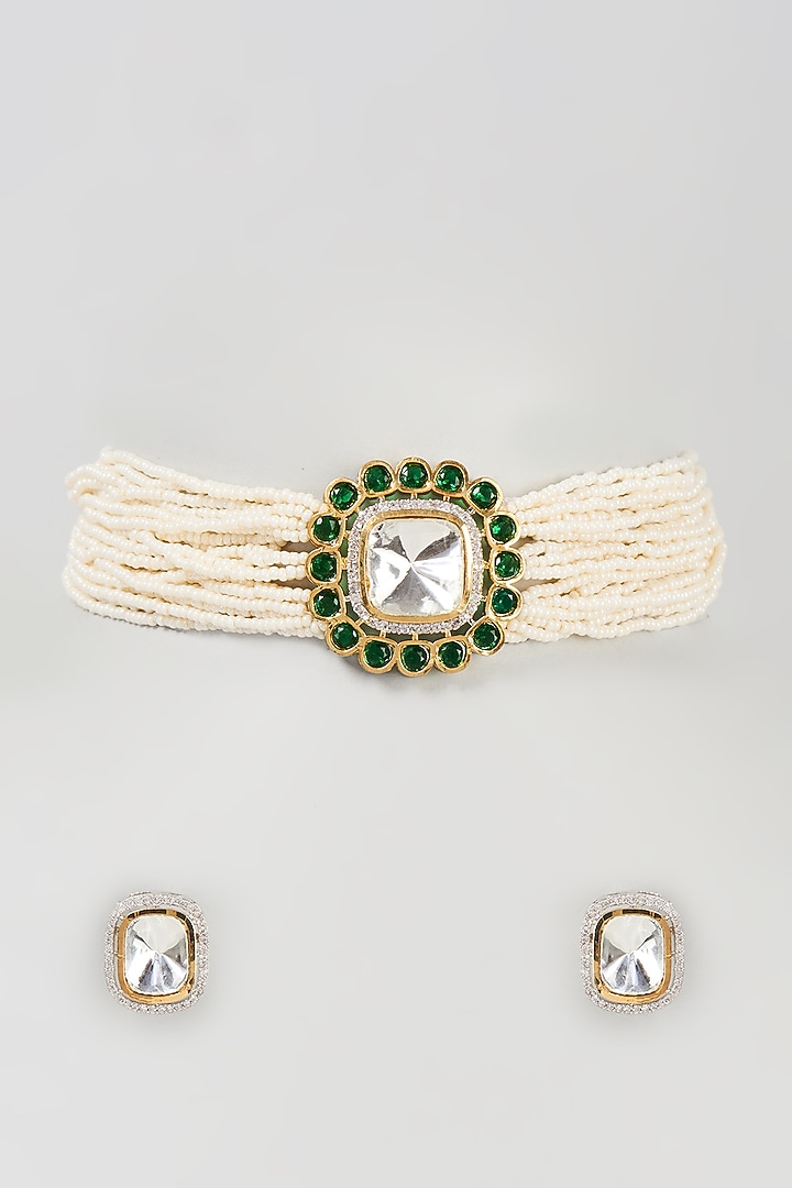 Gold Finish Kundan Polki & Green Stone Choker Necklace Set by VASTRAA Jewellery at Pernia's Pop Up Shop