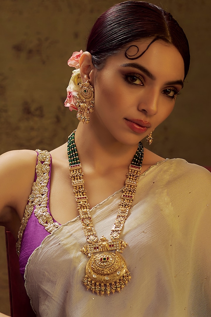 Gold Finish Multi-Colored Stone & Kundan Polki Temple Long Necklace Set by VASTRAA Jewellery at Pernia's Pop Up Shop