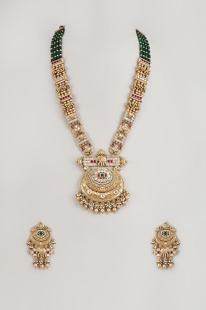 Gold Finish Multi-Colored Stone & Kundan Polki Temple Long Necklace Set by VASTRAA Jewellery at Pernia's Pop Up Shop