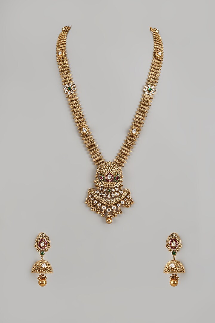Gold Finish Multi-Colored Stone & Kundan Polki Temple Long Necklace Set by VASTRAA Jewellery at Pernia's Pop Up Shop