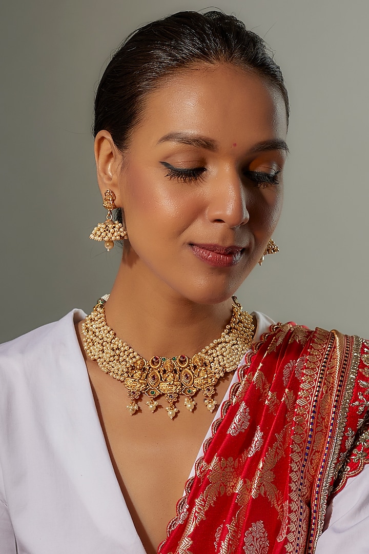 Gold Finish Multi-Colored Stone & Kundan Polki Temple Necklace Set by VASTRAA Jewellery