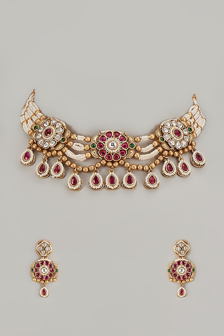Gold Finish Multi-Colored Stone & Kundan Polki Temple Necklace Set by VASTRAA Jewellery at Pernia's Pop Up Shop