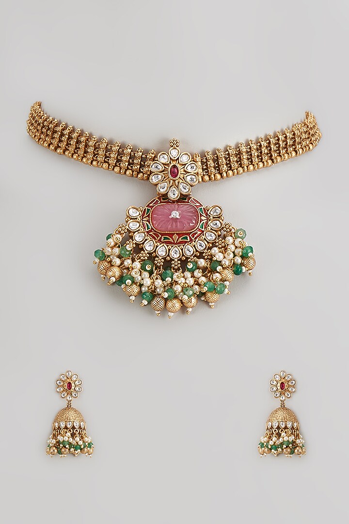 Gold Finish Multi-Colored Stone & Kundan Polki Temple Choker Necklace Set by VASTRAA Jewellery at Pernia's Pop Up Shop