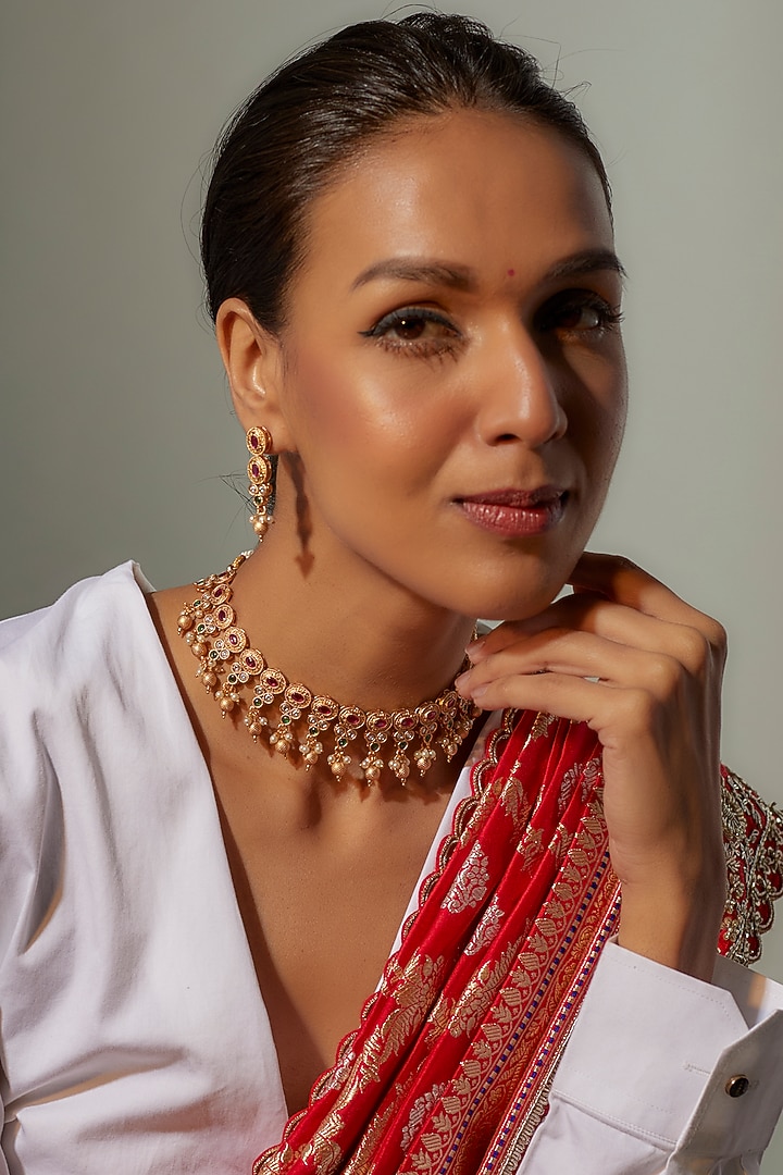 Gold Finish Multi-Colored Stone & Kundan Polki Temple Necklace Set by VASTRAA Jewellery at Pernia's Pop Up Shop