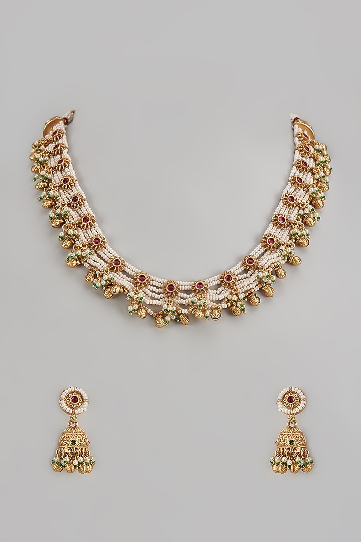 Gold Finish Multi-Colored Stone Temple Mala Set by VASTRAA Jewellery at Pernia's Pop Up Shop