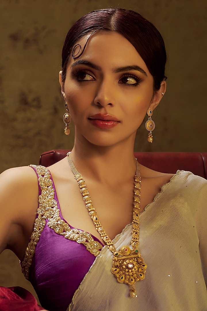 Gold Finish Multi-Colored Stone & Kundan Polki Temple Long Necklace Set by VASTRAA Jewellery at Pernia's Pop Up Shop