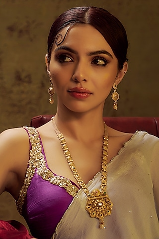 Gold Finish Multi-Colored Stone & Kundan Polki Temple Long Necklace Set by VASTRAA Jewellery