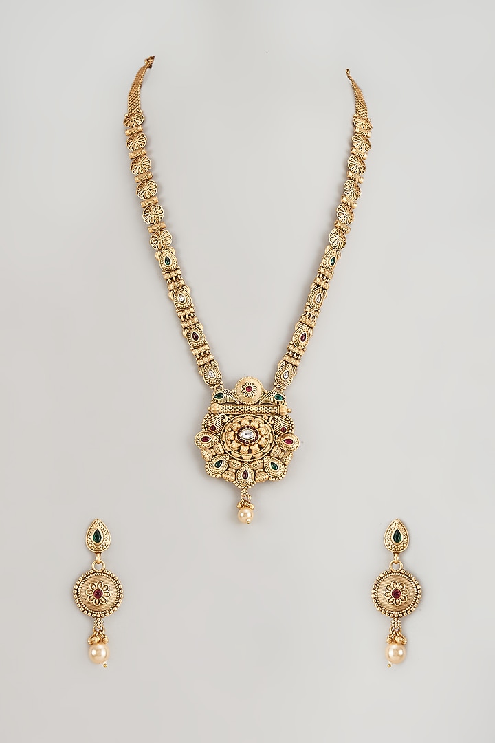 Gold Finish Multi-Colored Stone & Kundan Polki Temple Long Necklace Set by VASTRAA Jewellery at Pernia's Pop Up Shop