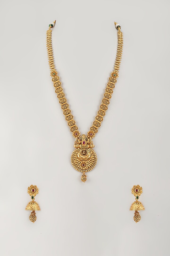 Gold Finish Multi-Colored Stone & Kundan Polki Temple Long Necklace Set by VASTRAA Jewellery at Pernia's Pop Up Shop