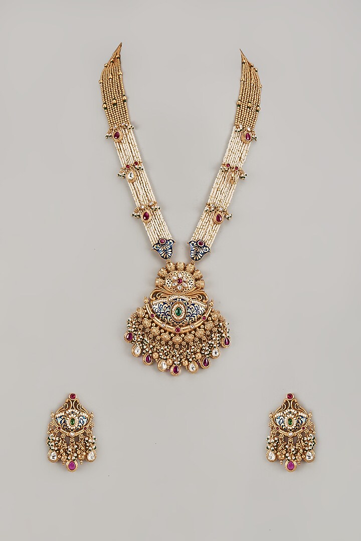 Gold Finish Multi-Colored Stone & Kundan Polki Temple Long Necklace Set by VASTRAA Jewellery at Pernia's Pop Up Shop