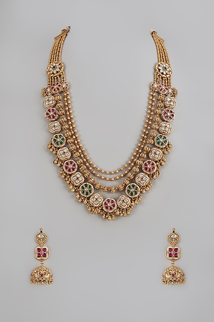 Gold Finish Multi-Colored Stone & Kundan Polki Temple Layered Necklace Set by VASTRAA Jewellery at Pernia's Pop Up Shop