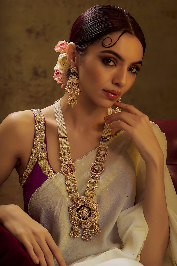 Gold Finish Multi-Colored Stone & Kundan Polki Temple Long Necklace Set by VASTRAA Jewellery