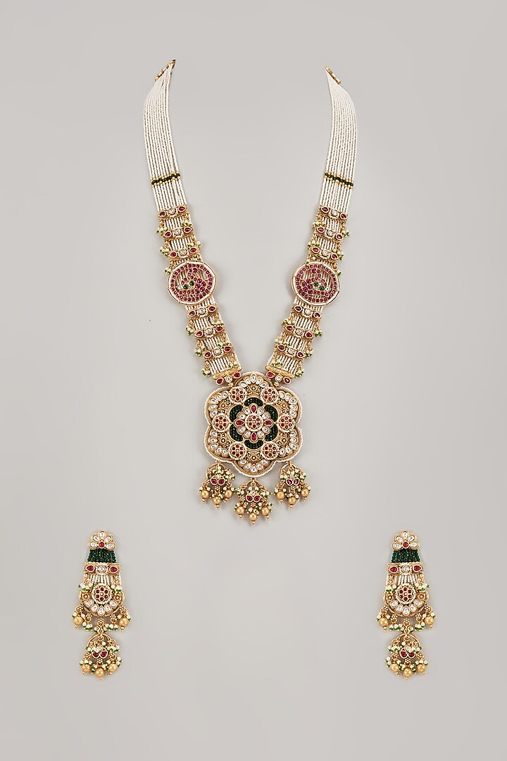Gold Finish Multi-Colored Stone & Kundan Polki Temple Long Necklace Set by VASTRAA Jewellery at Pernia's Pop Up Shop