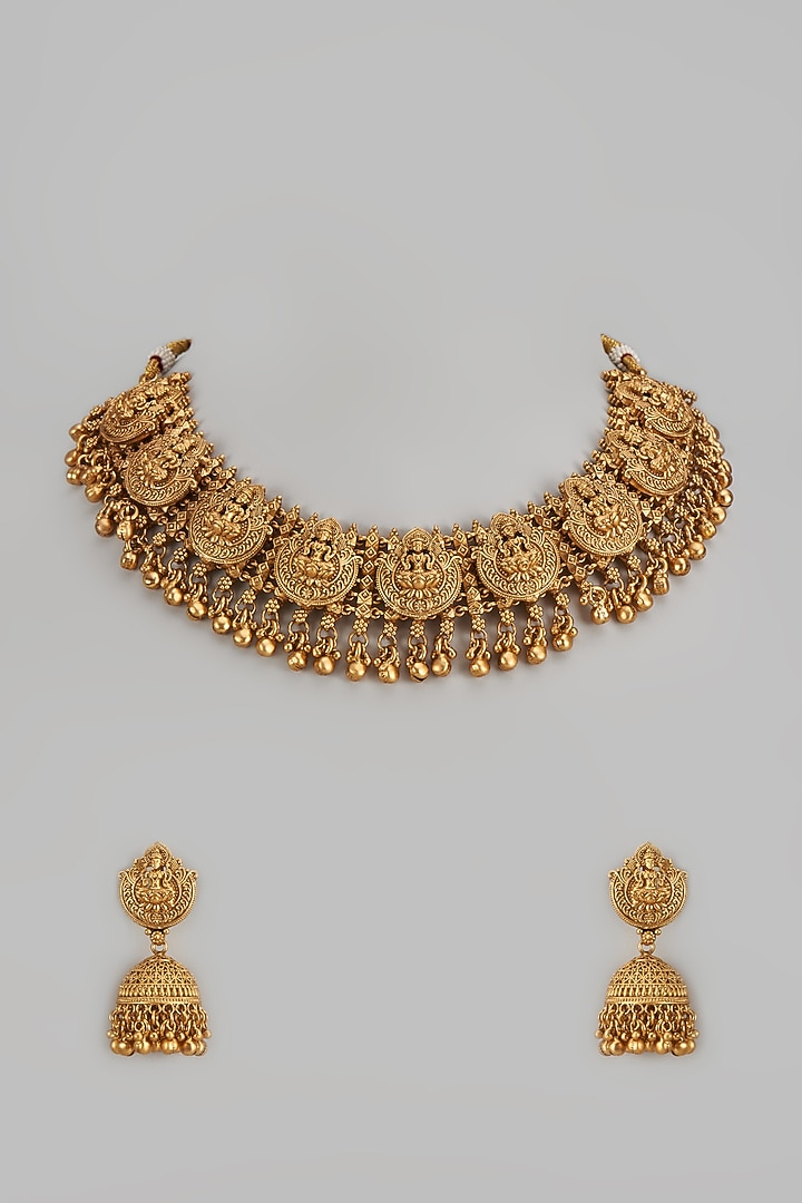 Gold Finish Kundan Polki Temple Necklace Set by VASTRAA Jewellery at Pernia's Pop Up Shop