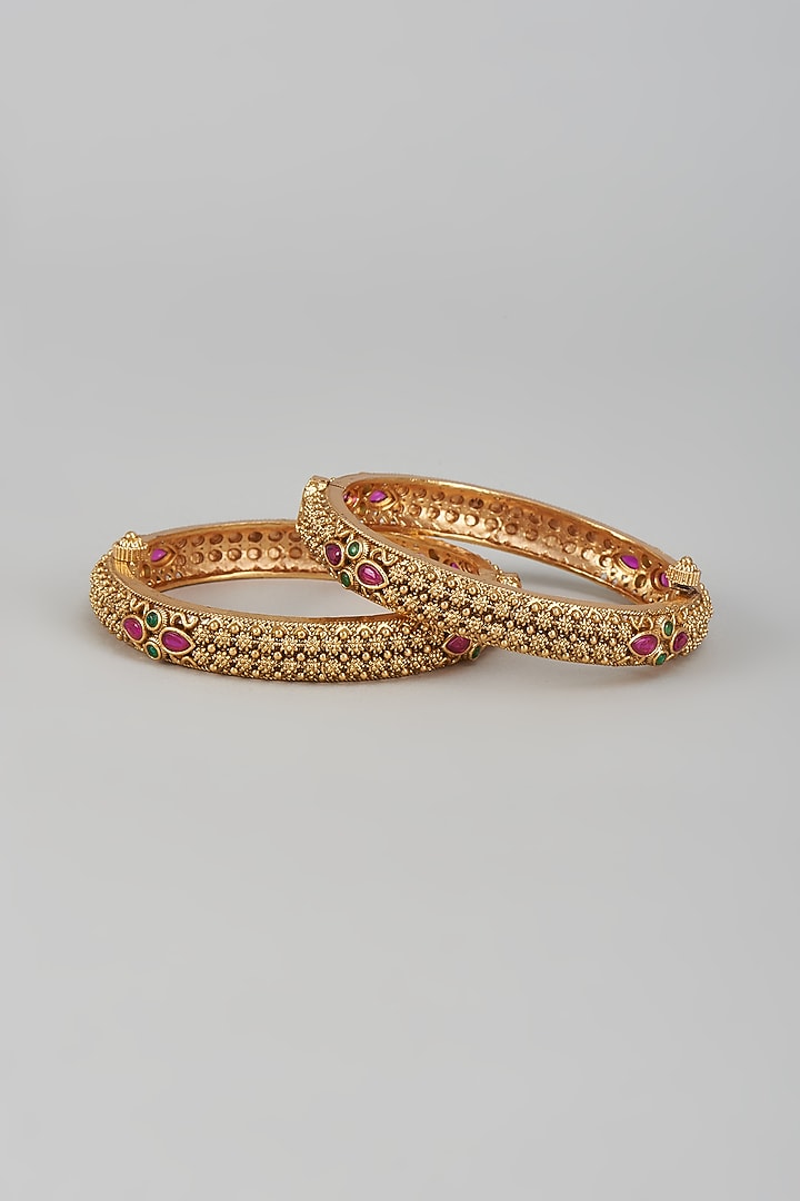 Gold Finish Multi-Colored Stone & Kundan Polki Temple Bangles (Set of 2) by VASTRAA Jewellery at Pernia's Pop Up Shop