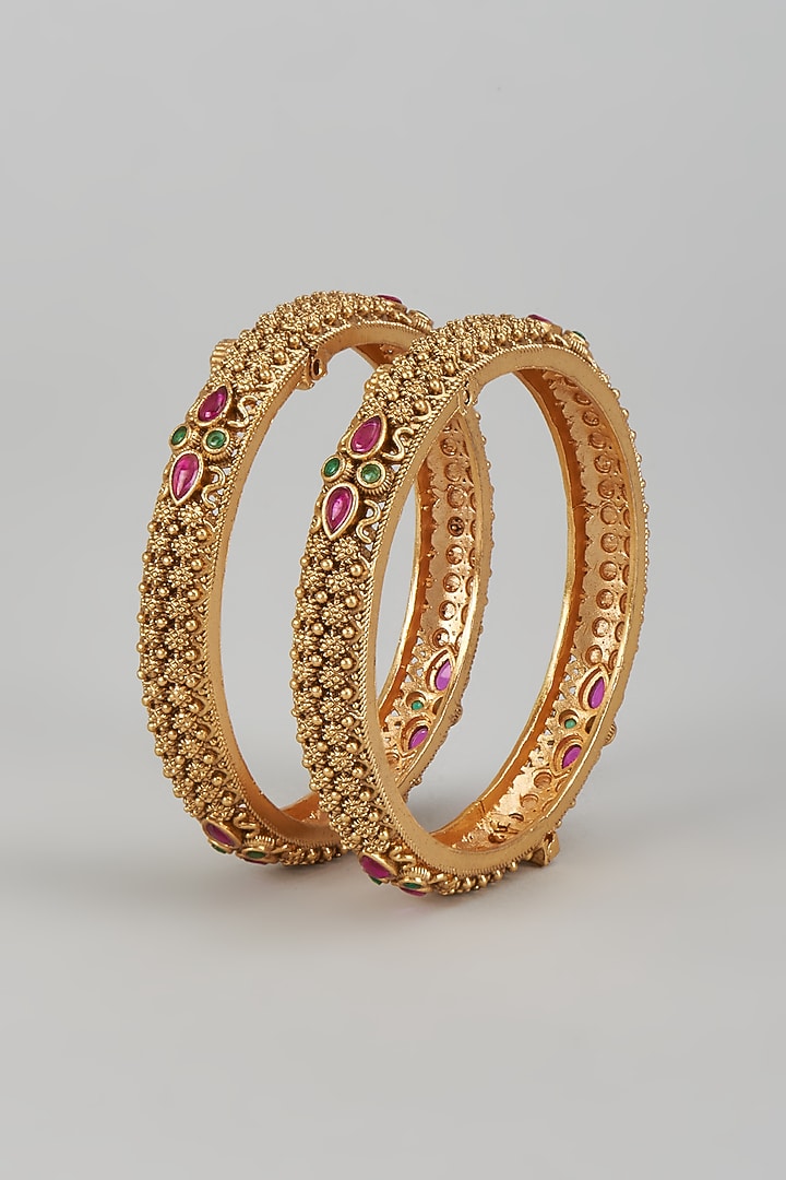 Gold Finish Multi-Colored Stone & Kundan Polki Temple Bangles (Set of 2) by VASTRAA Jewellery at Pernia's Pop Up Shop
