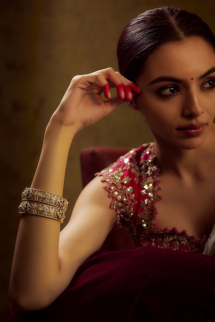 Gold Finish Multi-Colored Stone & Kundan Polki Temple Bangles (Set of 2) by VASTRAA Jewellery at Pernia's Pop Up Shop