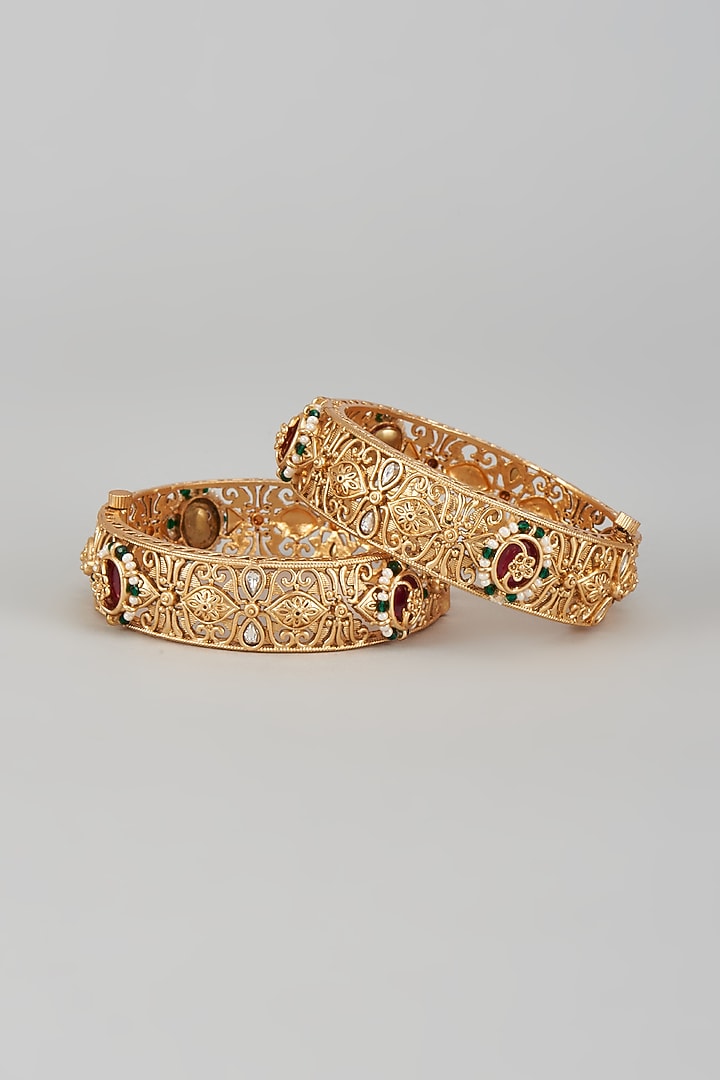 Gold Finish Multi-Colored Stone & Kundan Polki Temple Bangles (Set of 2) by VASTRAA Jewellery at Pernia's Pop Up Shop