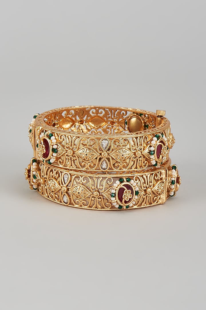 Gold Finish Multi-Colored Stone & Kundan Polki Temple Bangles (Set of 2) by VASTRAA Jewellery at Pernia's Pop Up Shop