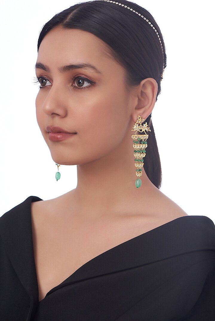 Gold Finish Kundan Polki & Green Drop Dangler Earrings by VASTRAA Jewellery