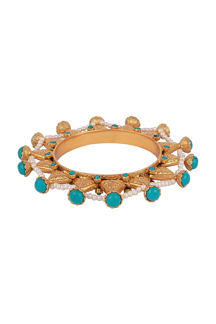 Gold Finish Turquoise & Pearl Beaded Bangle by VASTRAA Jewellery at Pernia's Pop Up Shop