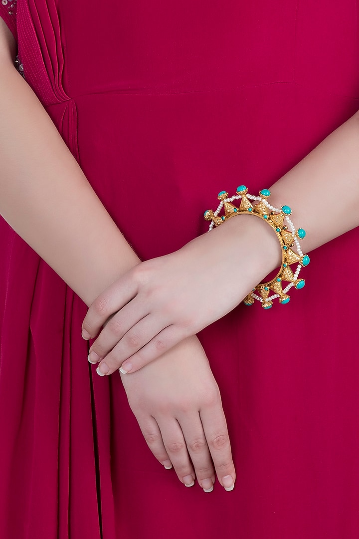 Gold Finish Turquoise & Pearl Beaded Bangle by VASTRAA Jewellery at Pernia's Pop Up Shop