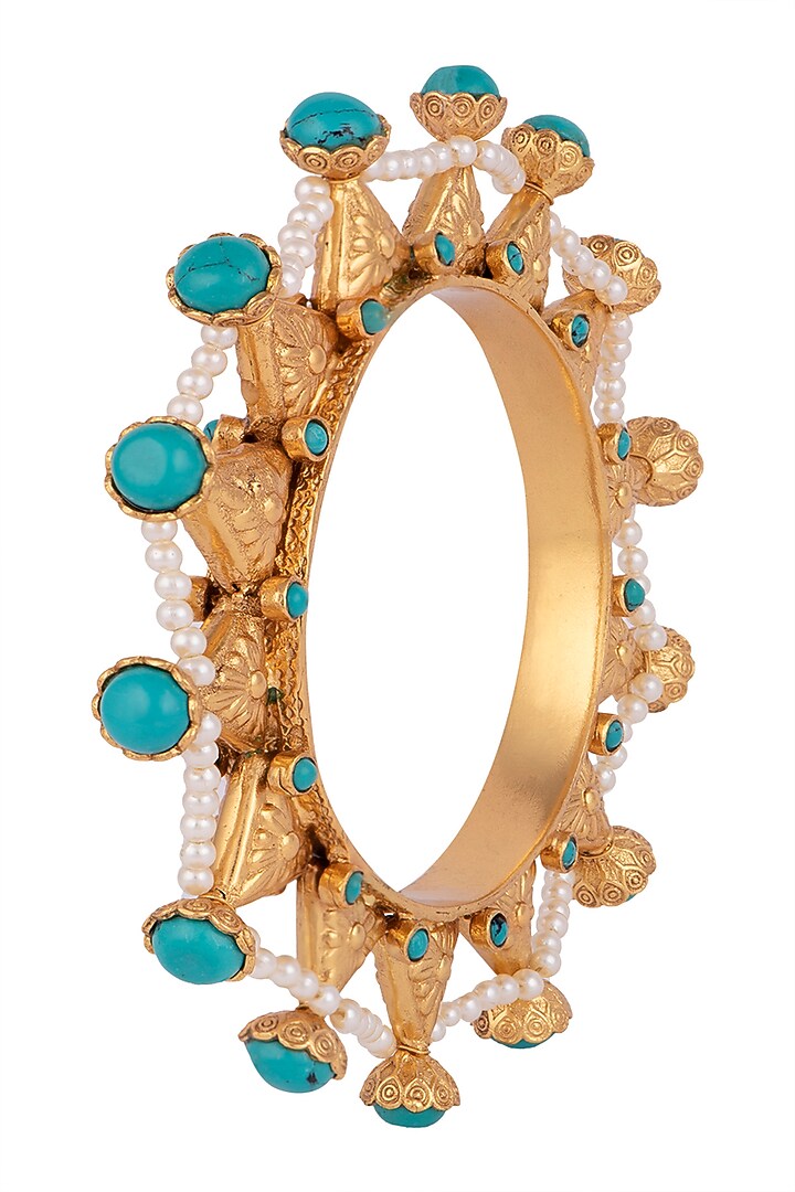 Gold Finish Turquoise & Pearl Beaded Bangle by VASTRAA Jewellery at Pernia's Pop Up Shop