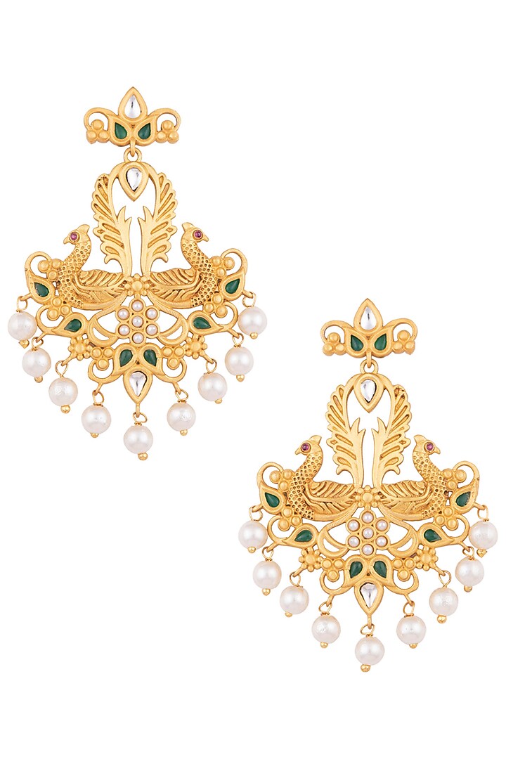 Gold Finish Emerald & Kundan Polki Peacock Earrings by VASTRAA Jewellery at Pernia's Pop Up Shop