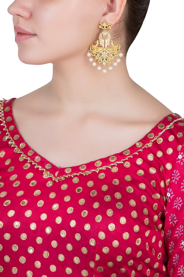 Gold Finish Emerald & Kundan Polki Peacock Earrings by VASTRAA Jewellery at Pernia's Pop Up Shop