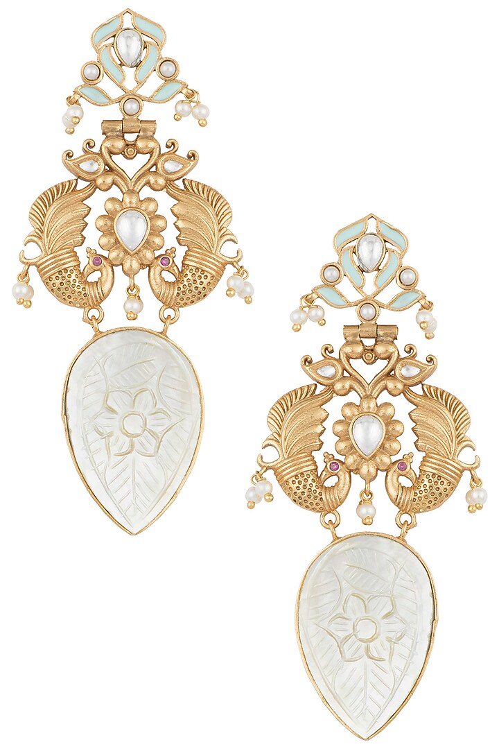 Gold Finish Kundan Polki & Mother Of Pearl Enameled Peacock Earrings by VASTRAA Jewellery at Pernia's Pop Up Shop