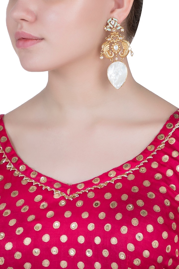 Gold Finish Kundan Polki & Mother Of Pearl Enameled Peacock Earrings by VASTRAA Jewellery at Pernia's Pop Up Shop
